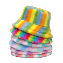 Autumn Winter Faux Fur Rainbow Striped Women Bucket Hats Thick Warm Lady Fluffy Panama Hats Outdoor Velvet Fisherman Hats